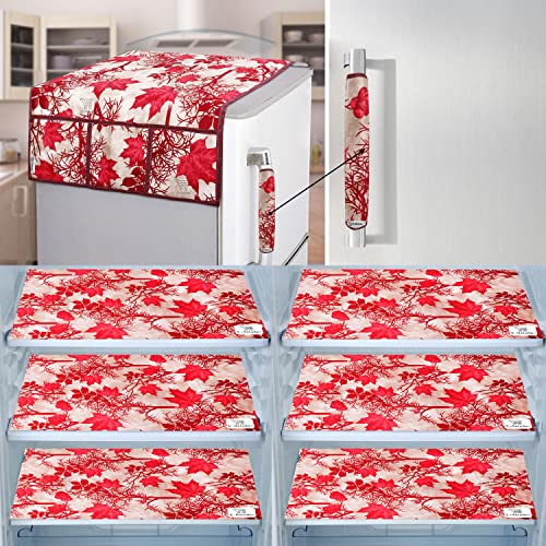 Image of Exclusive Combo Set of Appliance Cover (1 Fridge Top Cover, 1 Refrigerator Handle Cover, 6 Refrigerator Mats, Total 8 Pcs) - Red