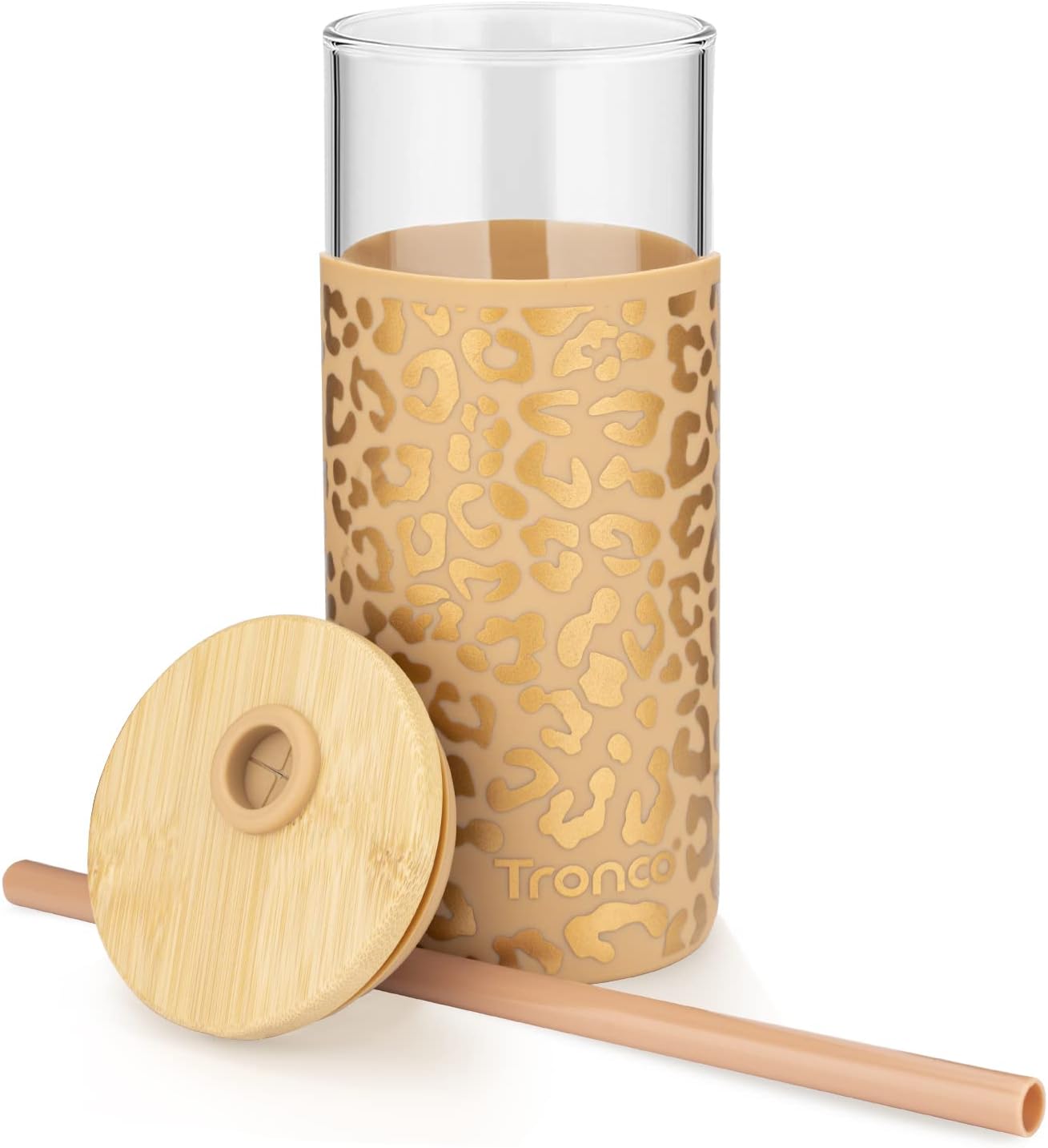 Tronco 20 oz Glass Tumbler with Lid and Straw, Iced Coffee Cup and Smoothie Cup with Bamboo Lids & Protective Silicone Sleeve, Dishwasher Safe, BPA-Free, Glass Cup 1 Pack - Image 5