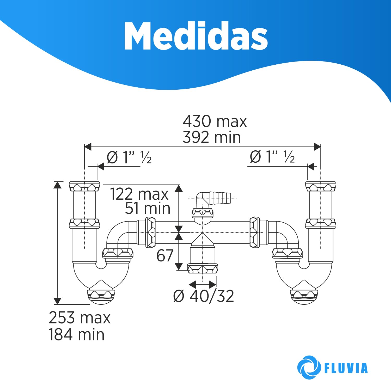 Sifón Doble Curvo para Fregadero 2 senos, Desagüe de Cocina, PVC Blanco, Sistema de Drenaje con Conexión Múltiple — view 2