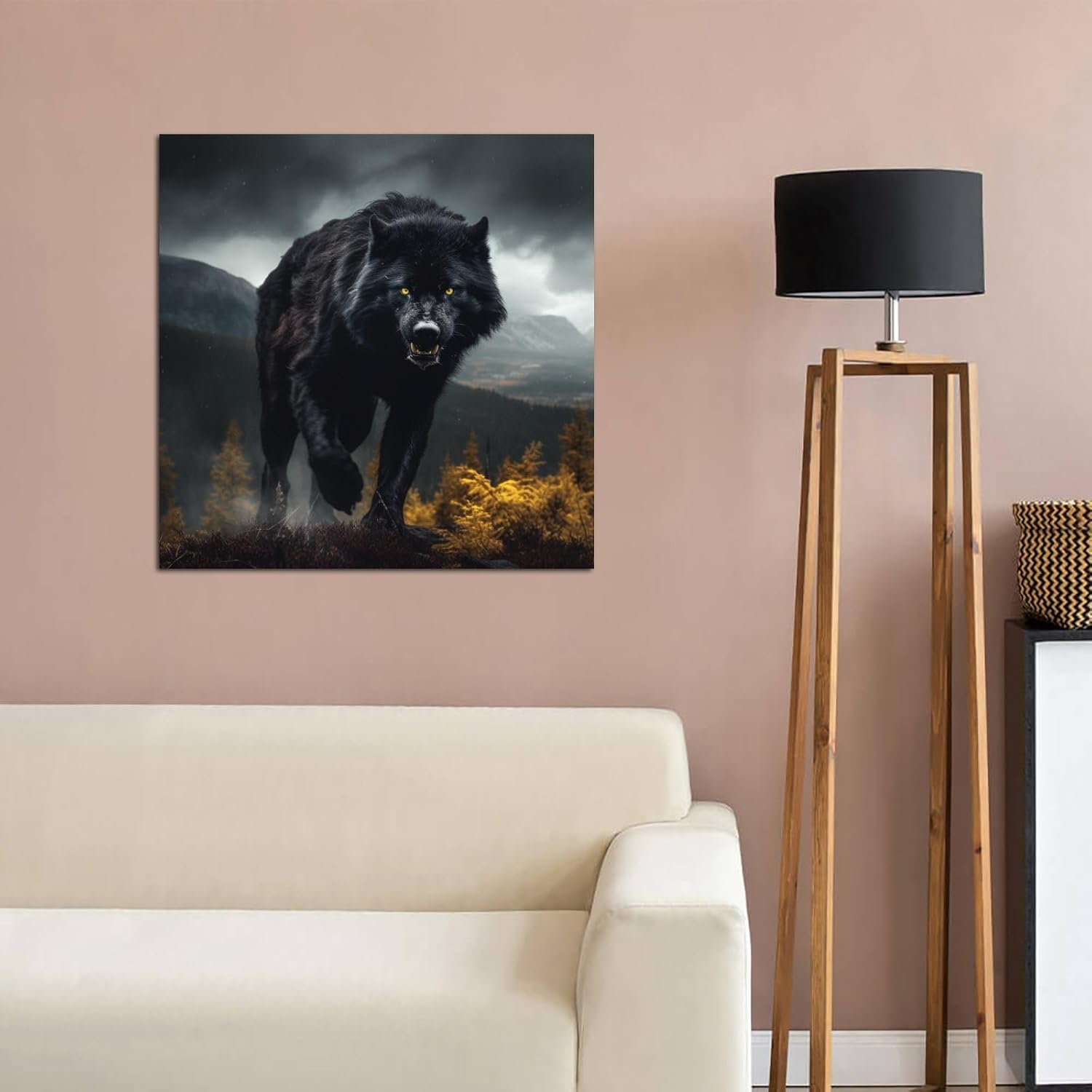 Black Wolf with Yellow Eyes in The Forest Poster Decorative Painting Canvas Wall Art Living Room Posters Bedroom Painting 16x16inch(40x40cm)