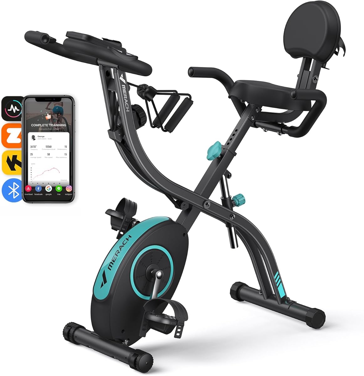 MERACH Multifunctional Foldable Exercise Bike - Exclusive APP for Customizable Plans, 16-Level Magnetic Resistance Folding Stationary Exercise Bike, 300lbs Capacity & Upgraded Comfort Seat Cushion