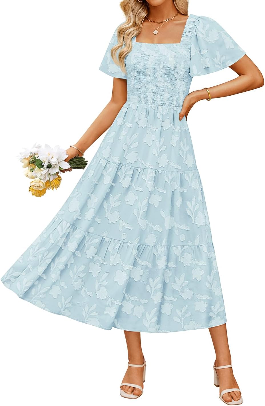 ZESICA Womens Summer Boho Floral Midi Dress 2025 Casual Short Sleeve Square Neck Flowy Beach Vacation Long Dress
