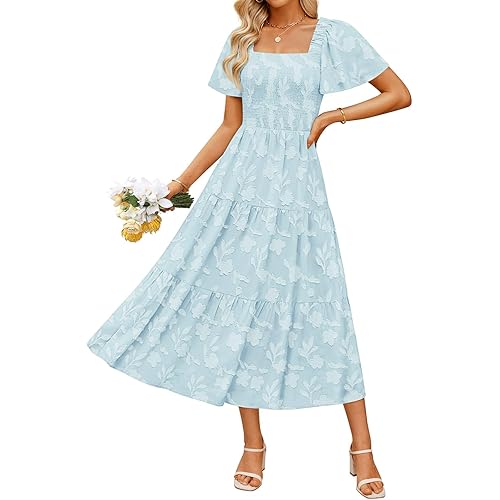 ZESICA Women‘s Summer Boho Floral Midi Dress 2025 Casual Short Sleeve Square Neck Flowy Beach Vacation Long Dress