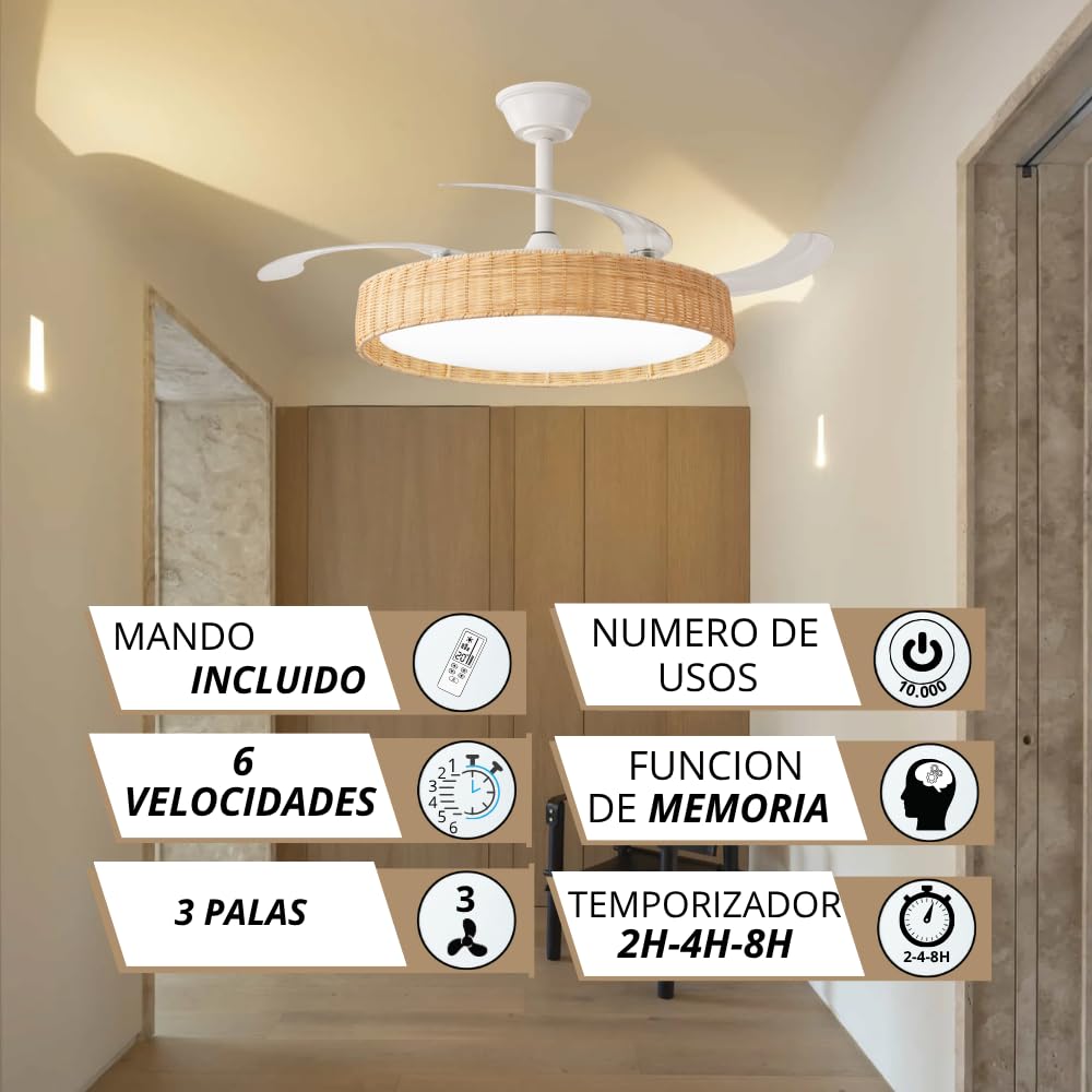 NARVI Ventilador de Techo Mimbre Haya Crema NERJA 7939 WDNL | Ø107 cm, Luz LED Regulable, Motor DC Silencioso de Bajo Consumo, Mando Incluido, 3 Aspas Retráctiles