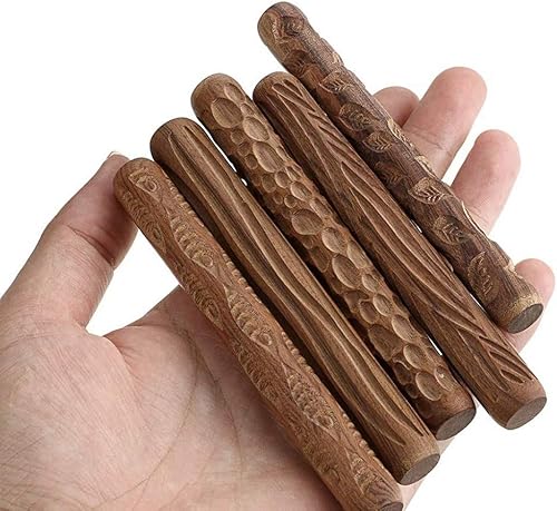 Miniatura 4 de fenlan 5 rodillos de mano de madera de cerámica, para patrónpatrón de sello de arcilla, cerámica, herramienta Arcilla Polimerica
