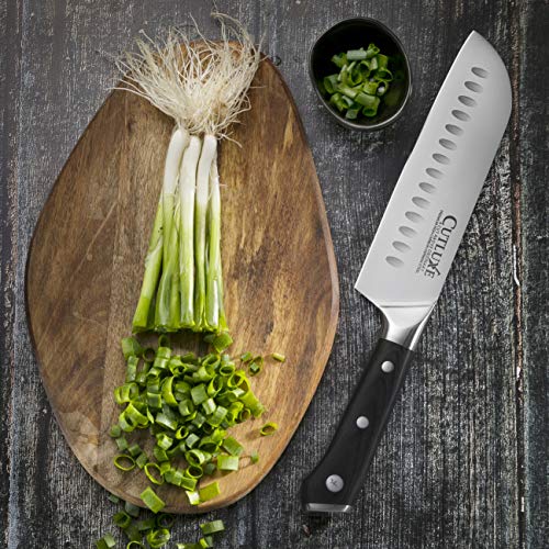 Cutluxe Santoku Knife - 7 Inch Kitchen Knife Forged of High Carbon German Steel - Ergonomic Pakkawood Handle - Full Tang Razor Sharp Blade for Dicing, Mincing and Chopping