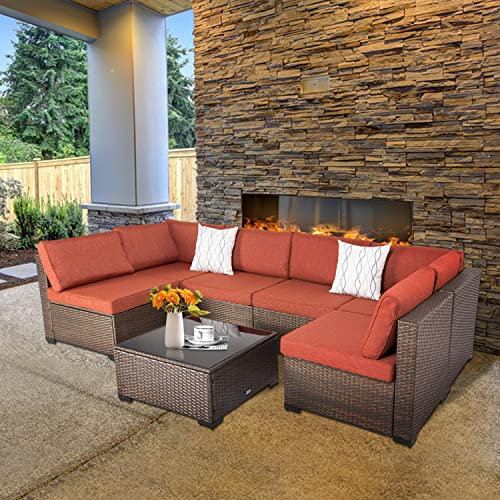 Aiit Kinlife 7Pcs Patio Furniture Sets, Patio Sectional Sofas, All-Weather Brown Pe Wicker Outdoor Couch Patio Seating With Pillows & Coffee Table, Maple Red #TOP7