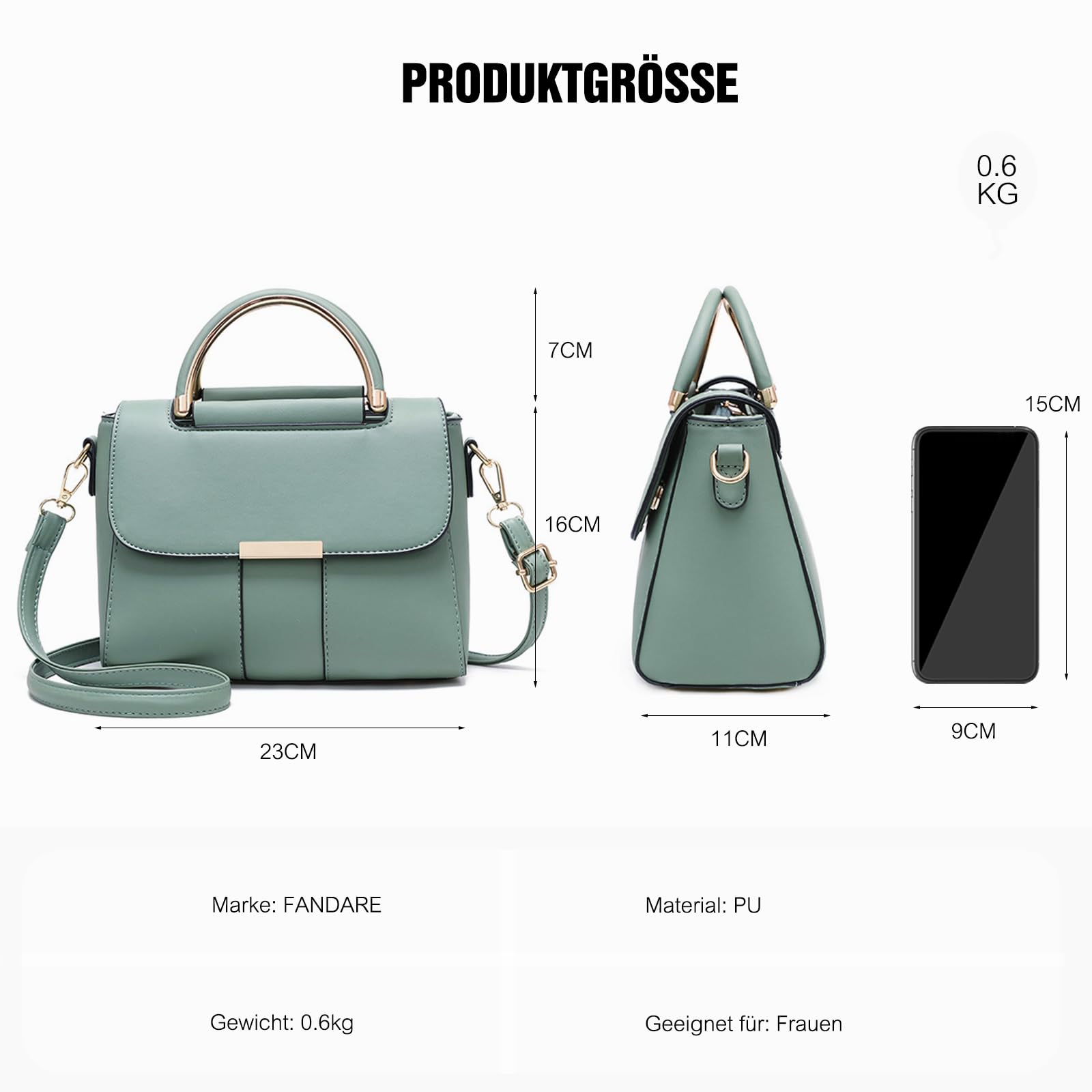 FANDARE Damen Handtaschen Elegant Handy Umhängetasche Crossbody Tasche PU Leder Schultertasche Frauen Handytasche zum Umhängen Schultertasche Portemonnaie Geldbörse Damentasche Grün