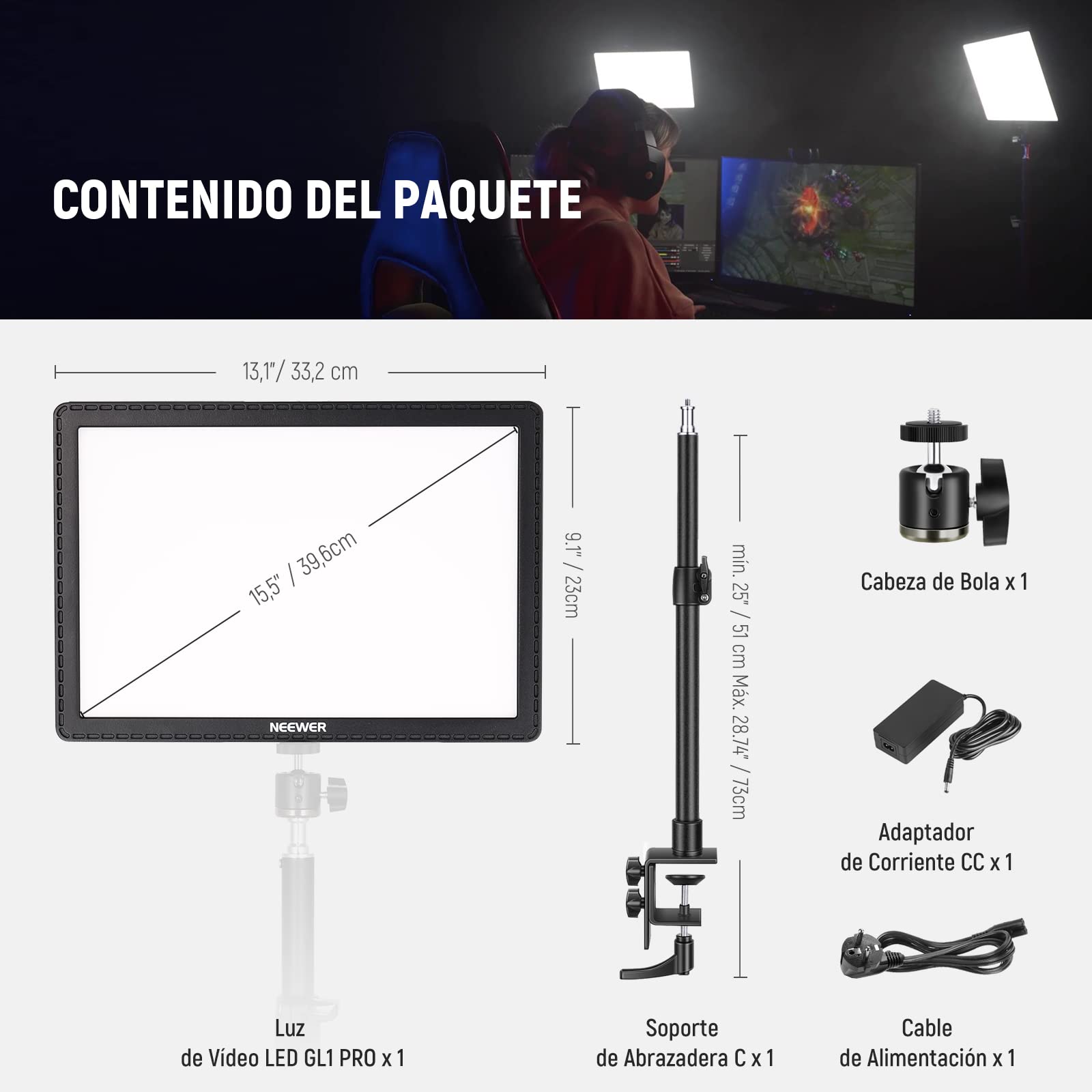 NEEWER GL1 Pro 15,5" Key Light Luz para Streaming, Luz Video con 2.4G PC y iOS Android App Control, 2800 Lúmenes, Sopporte de Escritorio, Compatible con Elgato Stream Deck para Gaming/Zoom, Negro