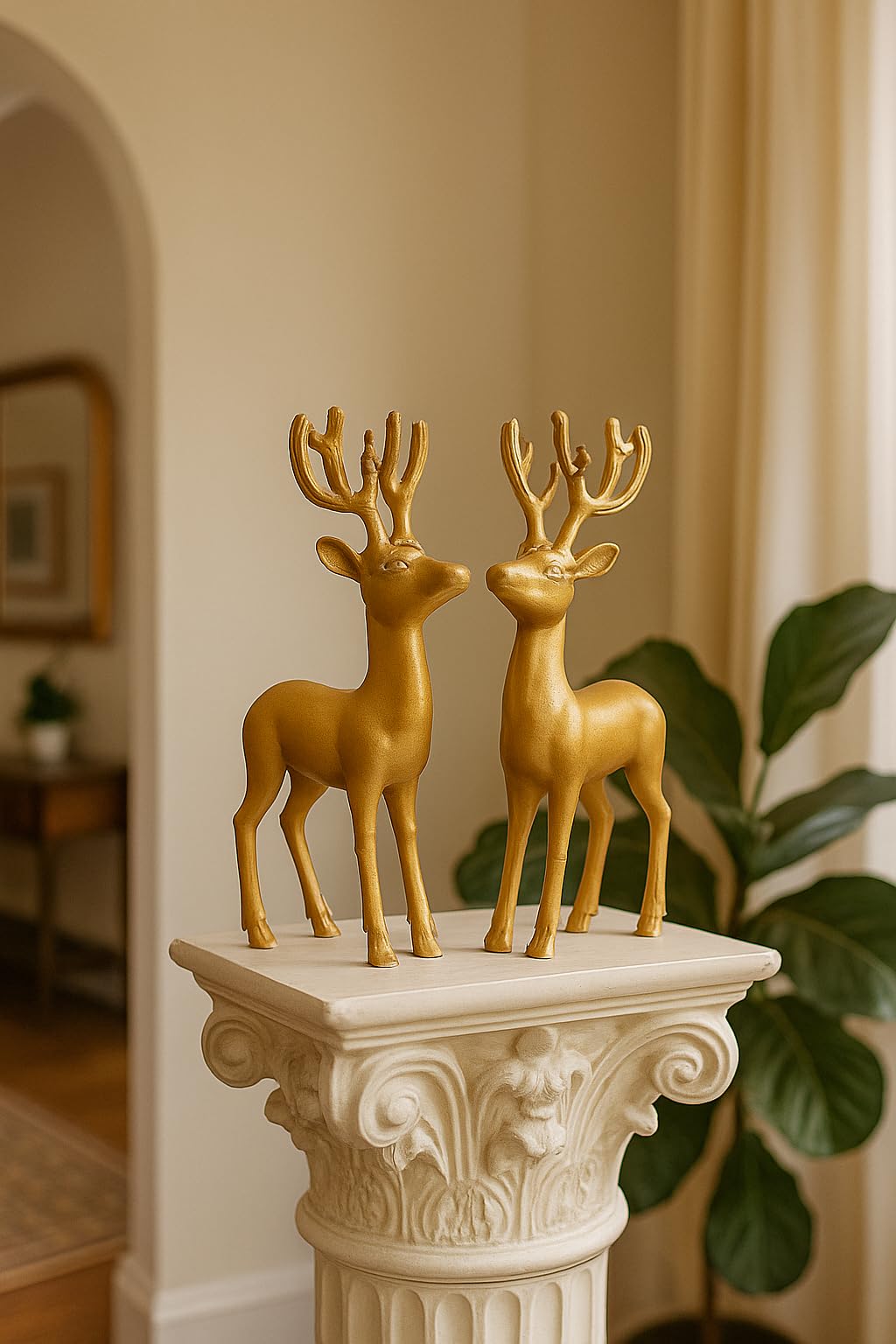 Decorative Gold Reindeer Figurines, Set of 2, Holiday Home Decor Statues 1