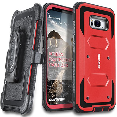 COVRWARE Aegis Series Case Compatible with Samsung Galaxy S8 Plus, Full-Coverage Screen Protector, Heavy Duty Rugged Full-Body Armor Holster Case [Belt Swivel Clip][Kickstand], Red