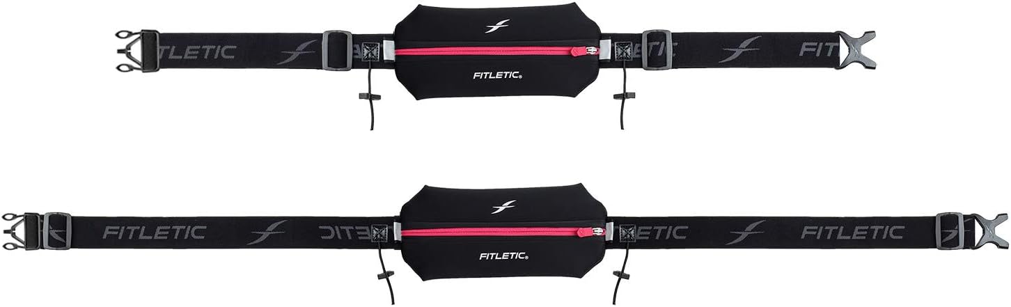 Fitletic Neo Race Belt, Black & Pink | Unique No Bounce Design for Marathon, Triathlon, Trail, 5k, 10k | Womens Running Belt | N01R-08