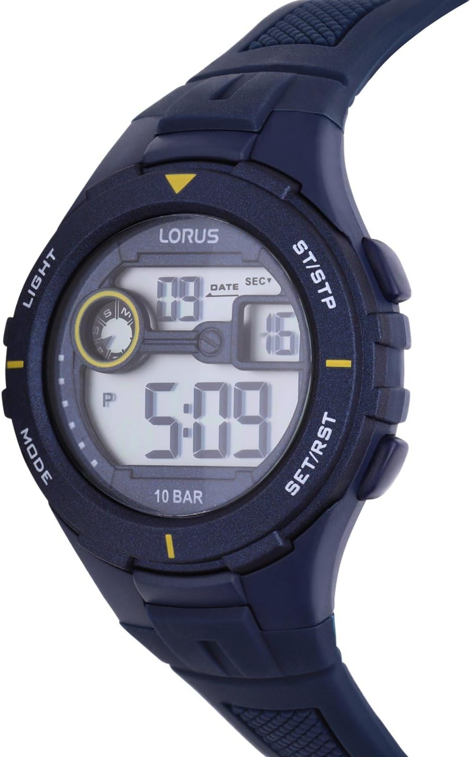 Side view of the Lorus R2383PX9 digital watch, highlighting the case profile and buttons.