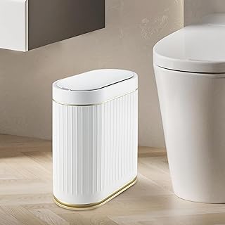 ELPHECO Bathroom Trash Can 2 Gallon Plastic Smart Garbage Can Waterproof 7.5L Wastebasket Bathroom Decor Narrow Garbage Bin with Automatic lid for Bedroom, Kitchen, Office, White Gold