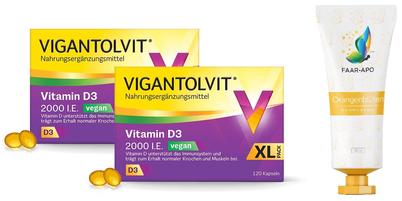 Vigantolvit Vegan Weichkap. Sparset 2 x 120 St. inkl. einer hochwertigen Handcreme Marke Faar-Apo