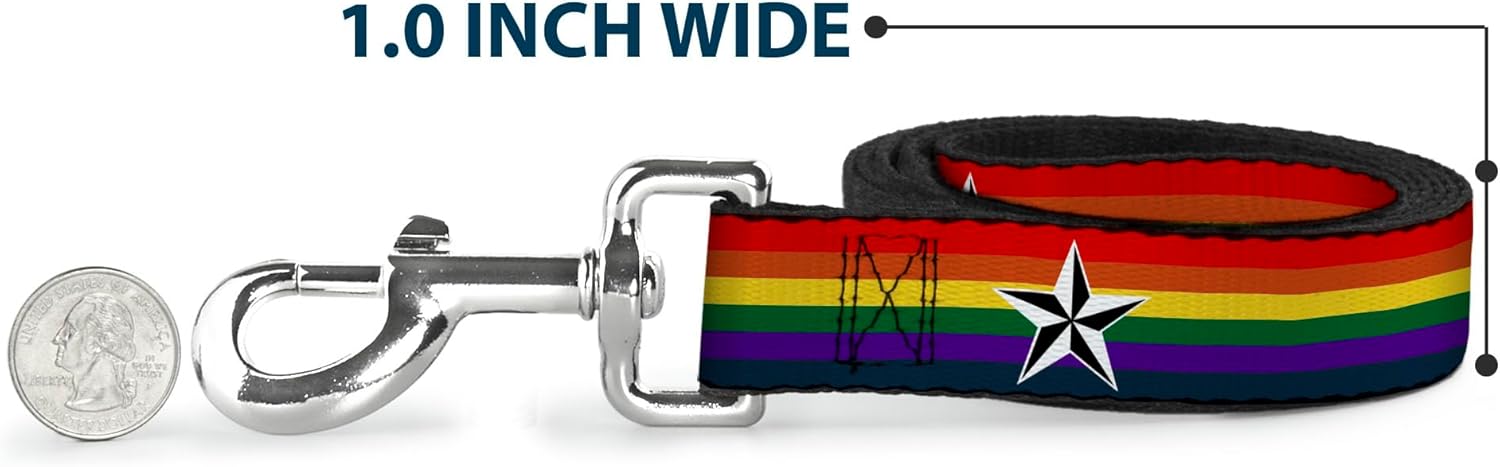 Buckle-Down Pet Leash - Nautical Star Rainbow/White/Black - 6 Feet Long - 1.5" Wide