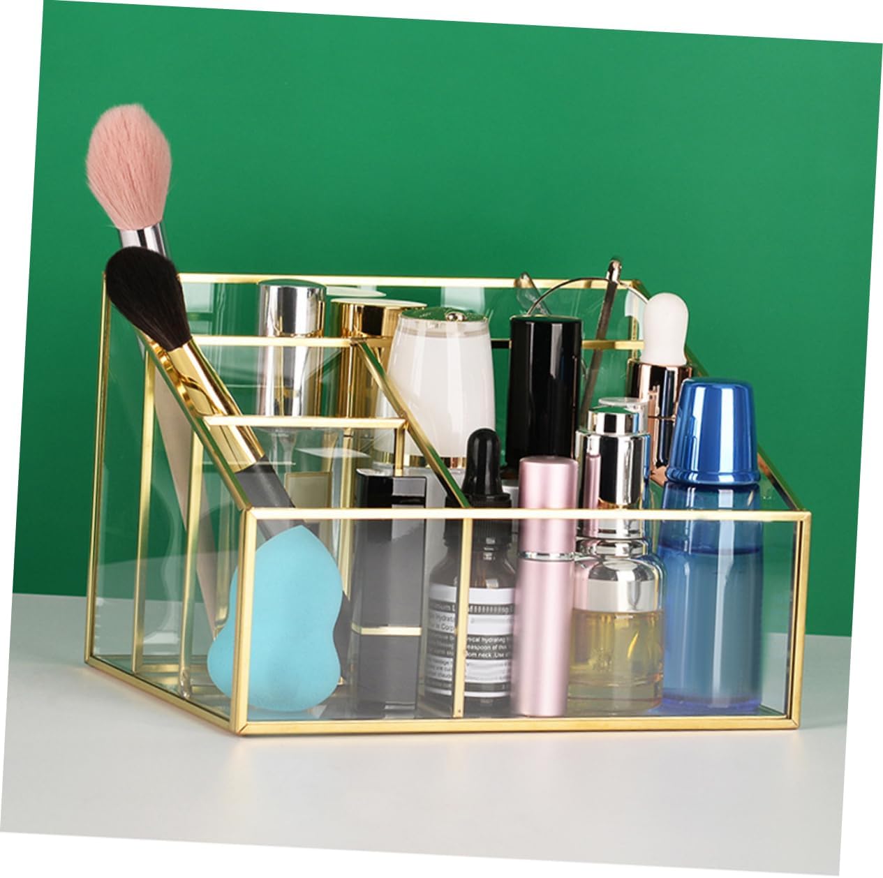 TOYANDONA Metal Frame Glass Makeup Organizer with Capacity Cosmetic Display Case for Brushes Lipsticks and Eyeliners for Vanity and Bathroom Storage