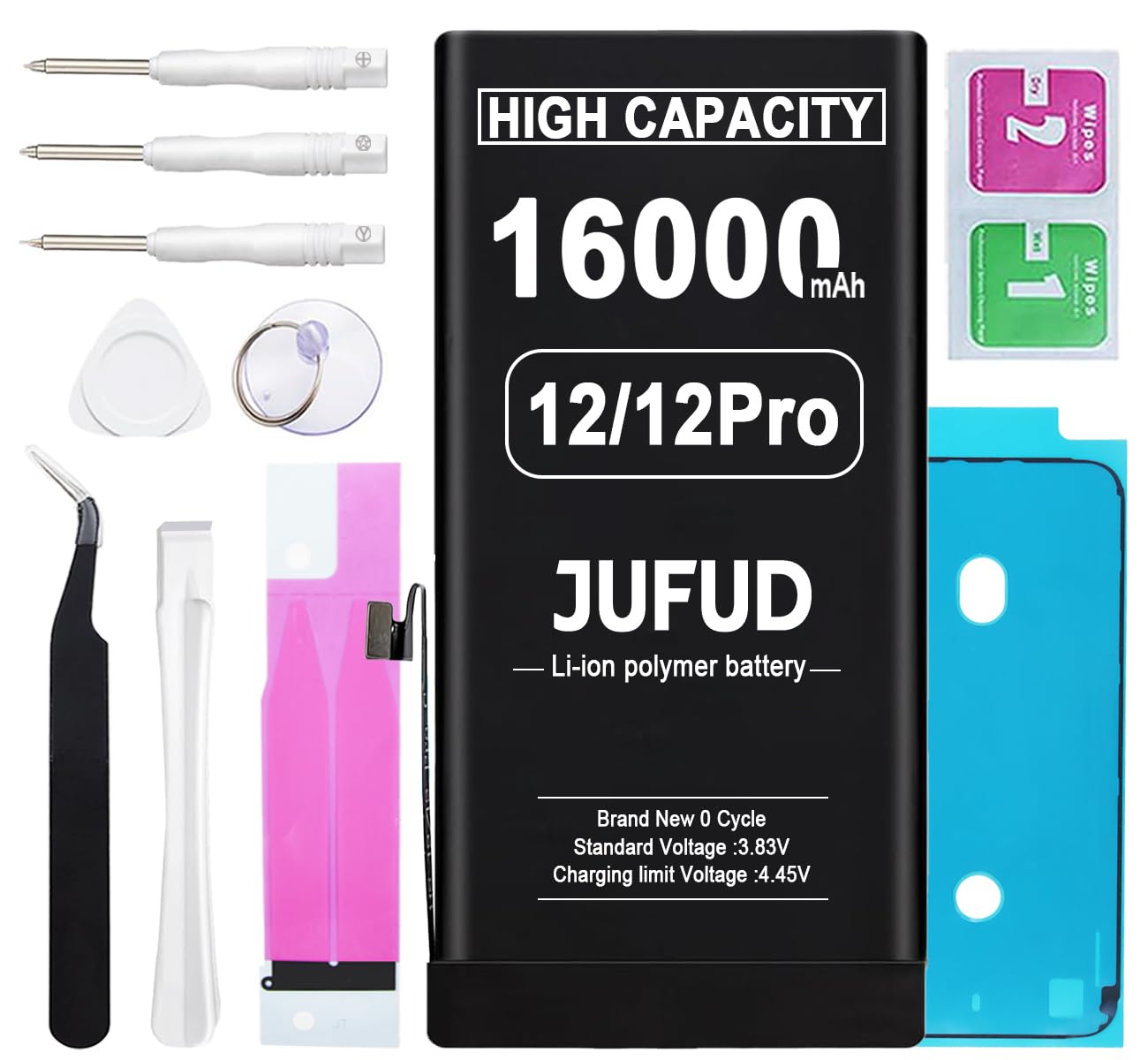 JUFUD 16000mAh Used for iPhone 12/12Pro Replacement Battery - 0 Cycle Li-Polymer, Compatible with A2172 A2402 A2403 A2404 A2407 A2341 A2406 A2408