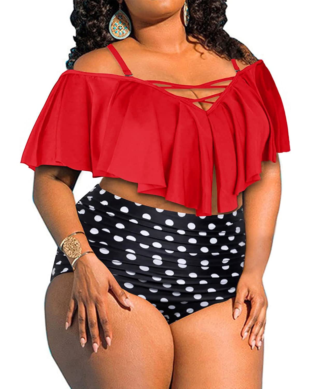 Aqua Eve Women's Plus Size 2 Piece Swimsuit Flounce Off Shoulder Bikini High Waisted Bathing Suits Red Polka Dot 22W