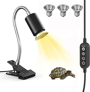 Reptile Heat Lamp, UVA UVB Turtle Heat Light Fixture, 360° Swivel Timing & Dimming Reptile Clip Lamp with 3 Heat Bulbs (25W, 50W*2) Suitable for Lizard, Turtle, Snake, Chameleon, Hermit Crab