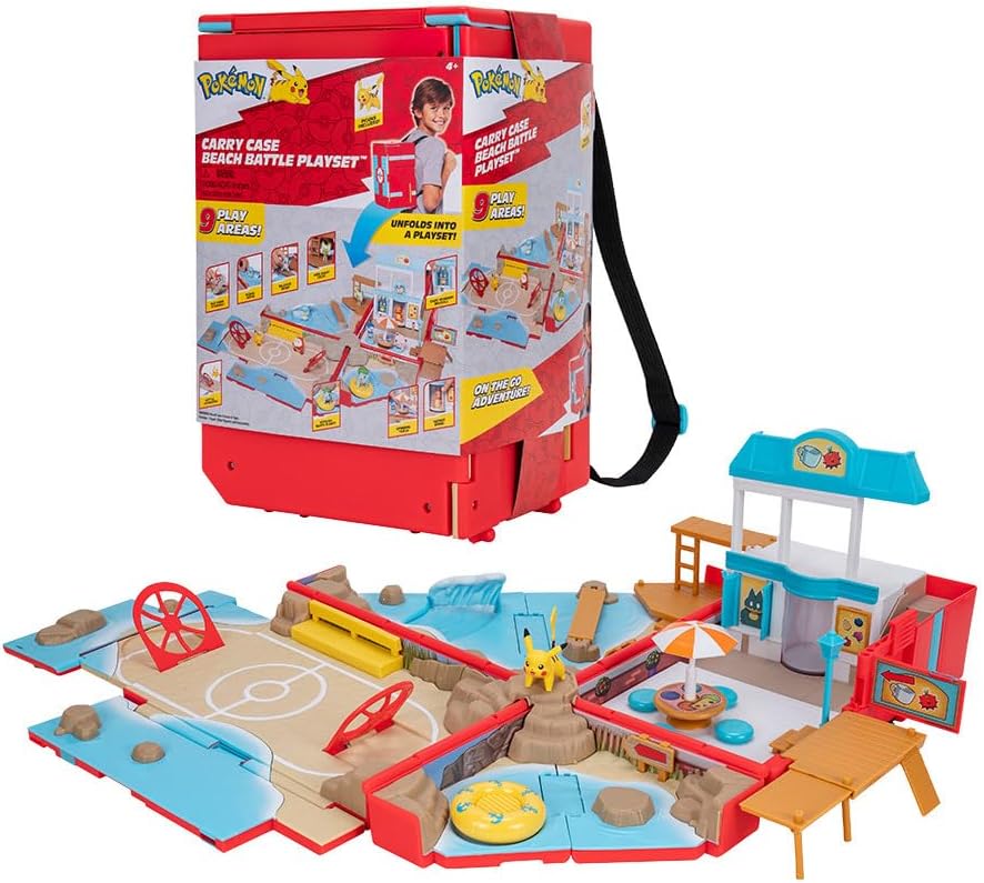 Jazwares Pokémon Carry Case Beach Battle Playset - Portable Transforming Backpack Playset with Action Features and 2-inch Pikachu Battle Figure