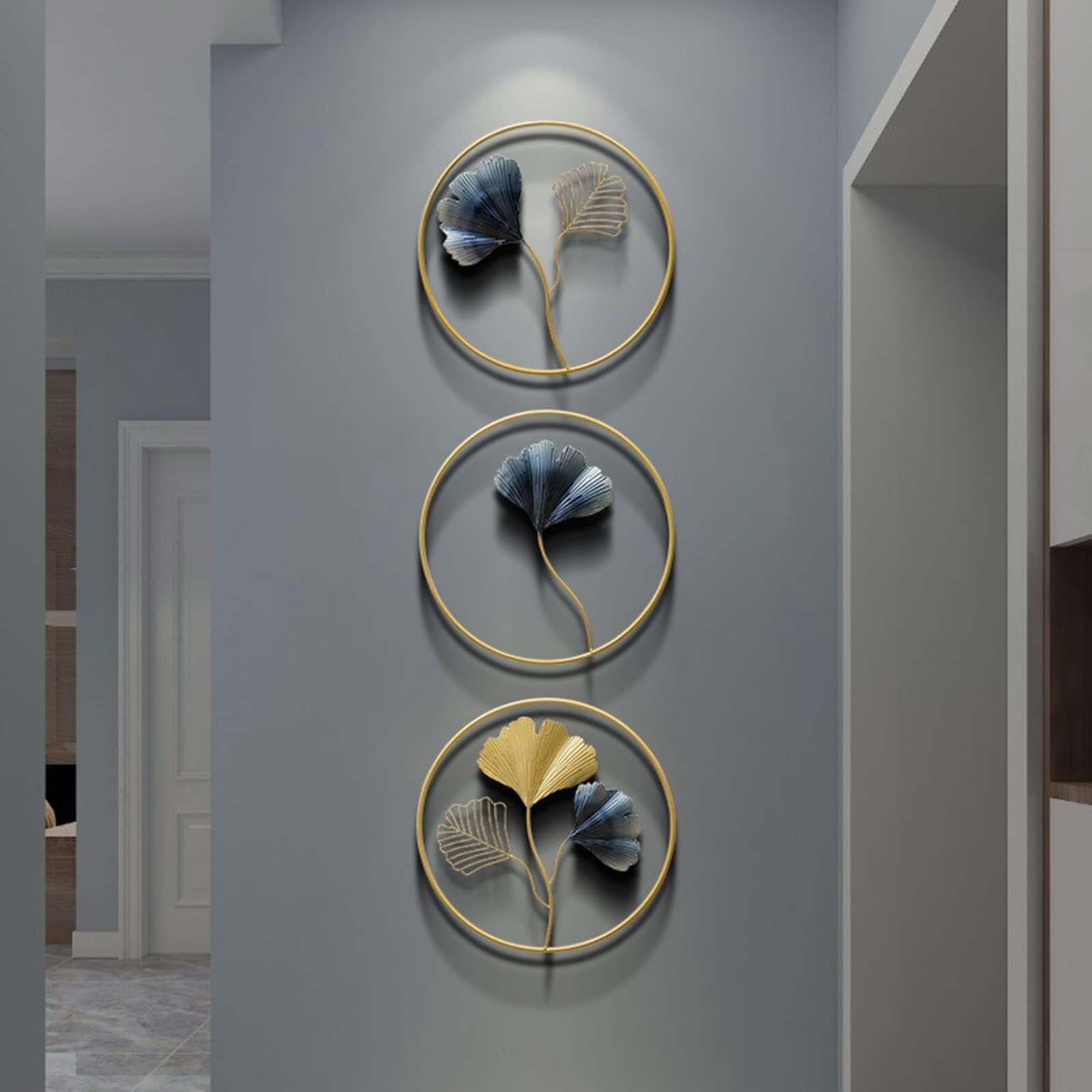 Sztuki Dekoracji ściennych, 3szt. Ginkgo Leaf Wall Decor Metal Art Rzeźby Ścienne Z Okrągłą Ramą Do Domu, Salonu, Kuchni, Sypialni Obrazy na ścianę do salonu