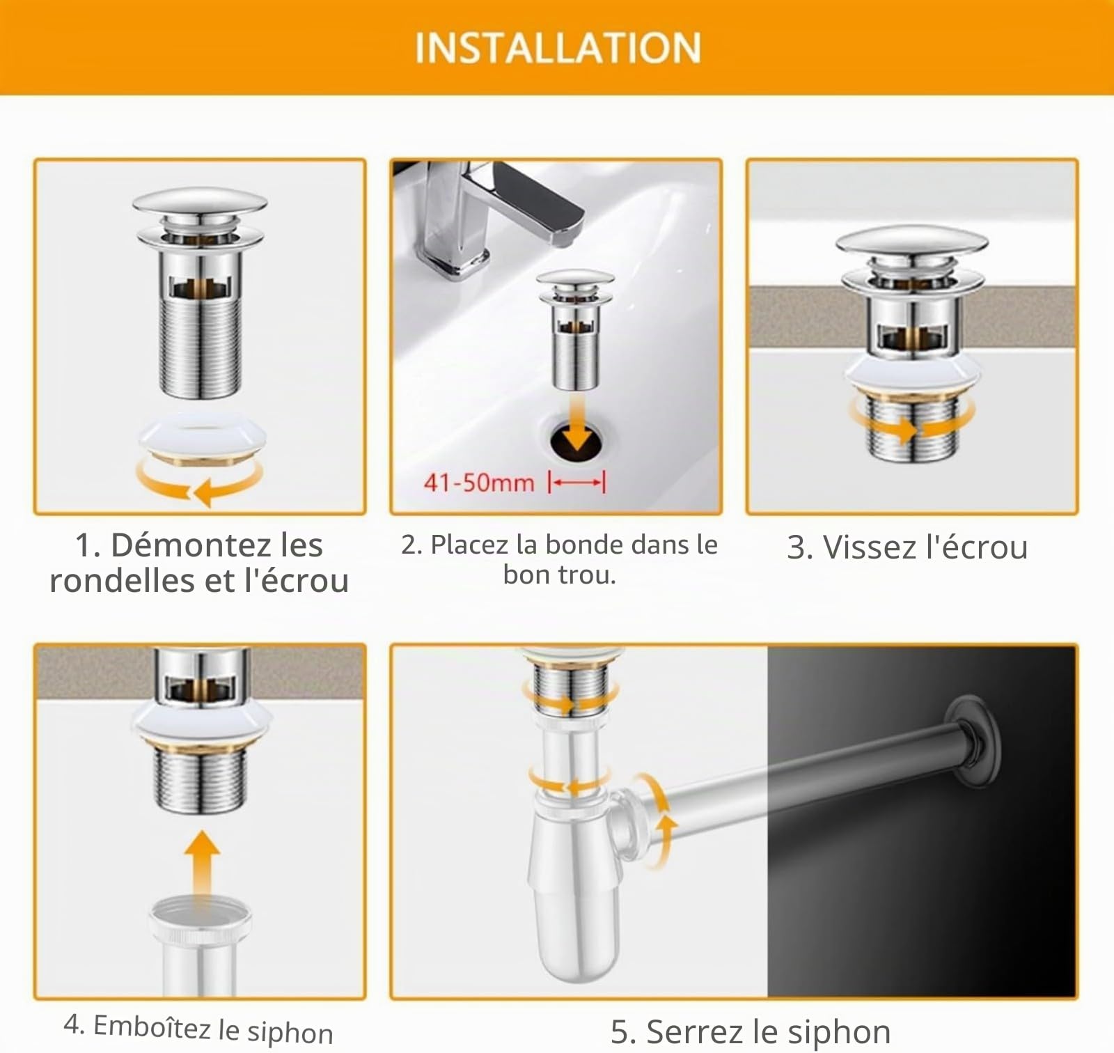 Ibergrif Bonde de Lavabo avec Trop-Plein Bouchon Clic-Clac Universel 1" 1/4 Finition Chromée