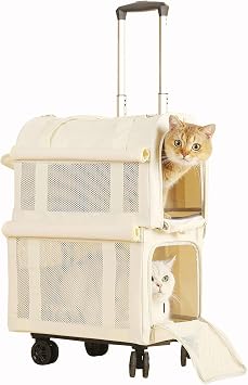 Cat Carrier for 2 Cats, Large Space Double Compartment, Pet Trolley Case with Wheels, Going Out Portable Large-Capacity Two Cats Breathable Hatchback Luggage Backpack Pet Trolley Case