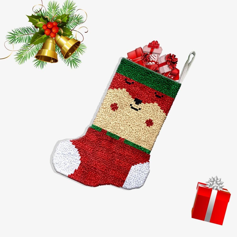 Latch Hook Kits Christmas Sock Cartoon Bear DIY Printed Canvas Crochet Yarn Embroidery Easy for Beginner Xmas Gift Stocking Bag for Christmas Ornament Decoration 43x31cm