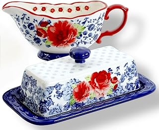 Pioneer Woman Vintage Frontier Rose Ceramic Butter Dish with Lid & Gravy Boat Set, 3-Piece Floral Kitchen Tableware Set
