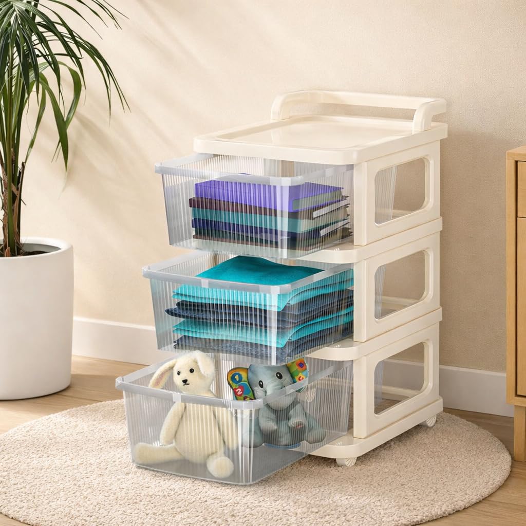 KITCHIVO™ Heavy Duty Plastic Storage Drawer with Wheels | Modular Cabinet for Bedroom, Office, Home or Classroom| Chest of Drawers Organiser for Cosmetics, Kitchen items, Toys (White, 3) discount deal