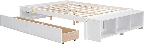 Miniatura 7 de Cama de tamaño matrimonial con estuche de almacenamiento, 2 cajones de almacenamiento, listones de soporte longitudinal, color blanco