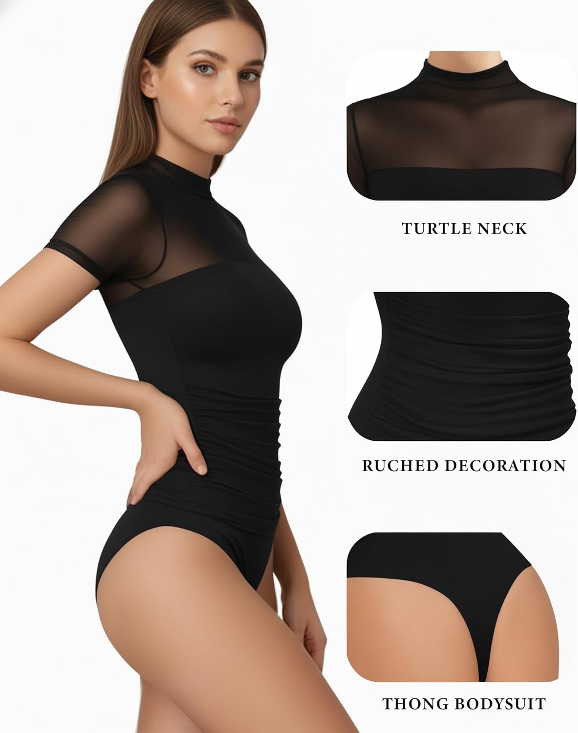 MANGOPOP Women's Mock Turtle Neck Bodysuit Mesh Ruched Short Long Sleeve Body Suit Sexy Sheer Trendy Going Out Outfits Tops - Image 4