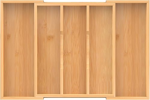 Miniatura 2 de Organizador de cajones de cocina expandible de bambú, soporte ajustable para utensilios y bandeja de cubiertos, organizador de cajones de 3 a 5