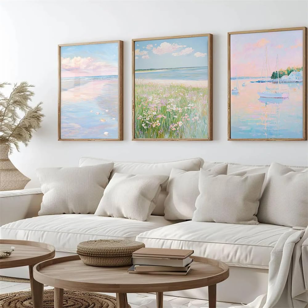 NATVVA Pink Coastal Wall Art Canvas Artwork Wall Decor Set Of 3 Pink Beach Grass Shells And Boats Prints Painting Art Prints Picture Home Beach House Decoration No Frame