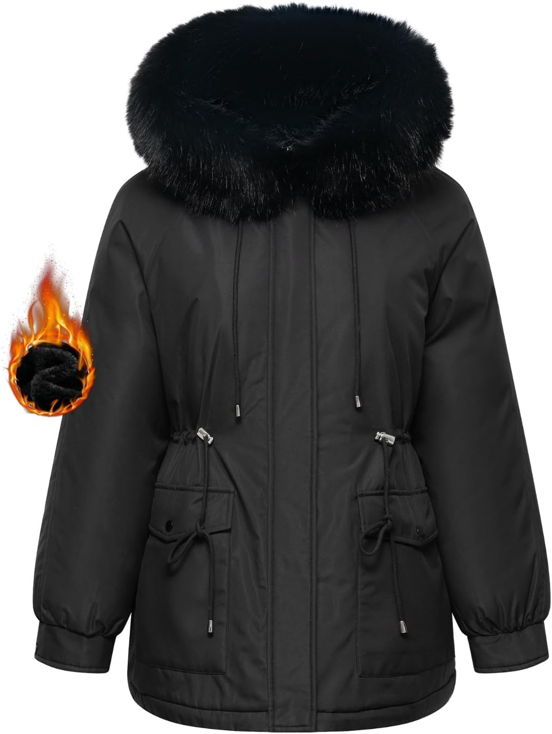PUFFIT Faux Fur Winter Coats for Women,Ladies Winter Puffer Jacket with Fur Hood,Thickened Parka Coat with Waist Drawstring