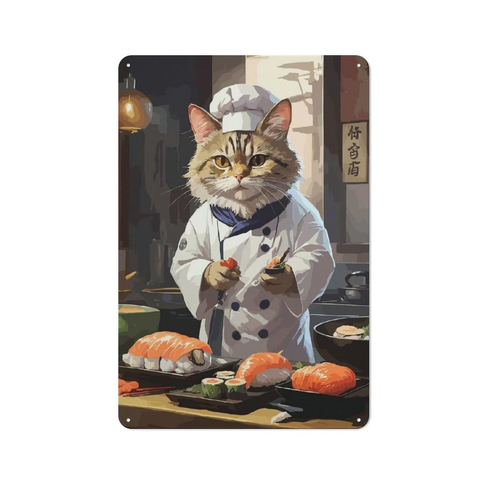 Junmoney Sushi Cat Chef Japan Decorative Metal Plaque, Bright Printed Design, For Washroom, Small Wall Space Or Hallway, 30X20cm