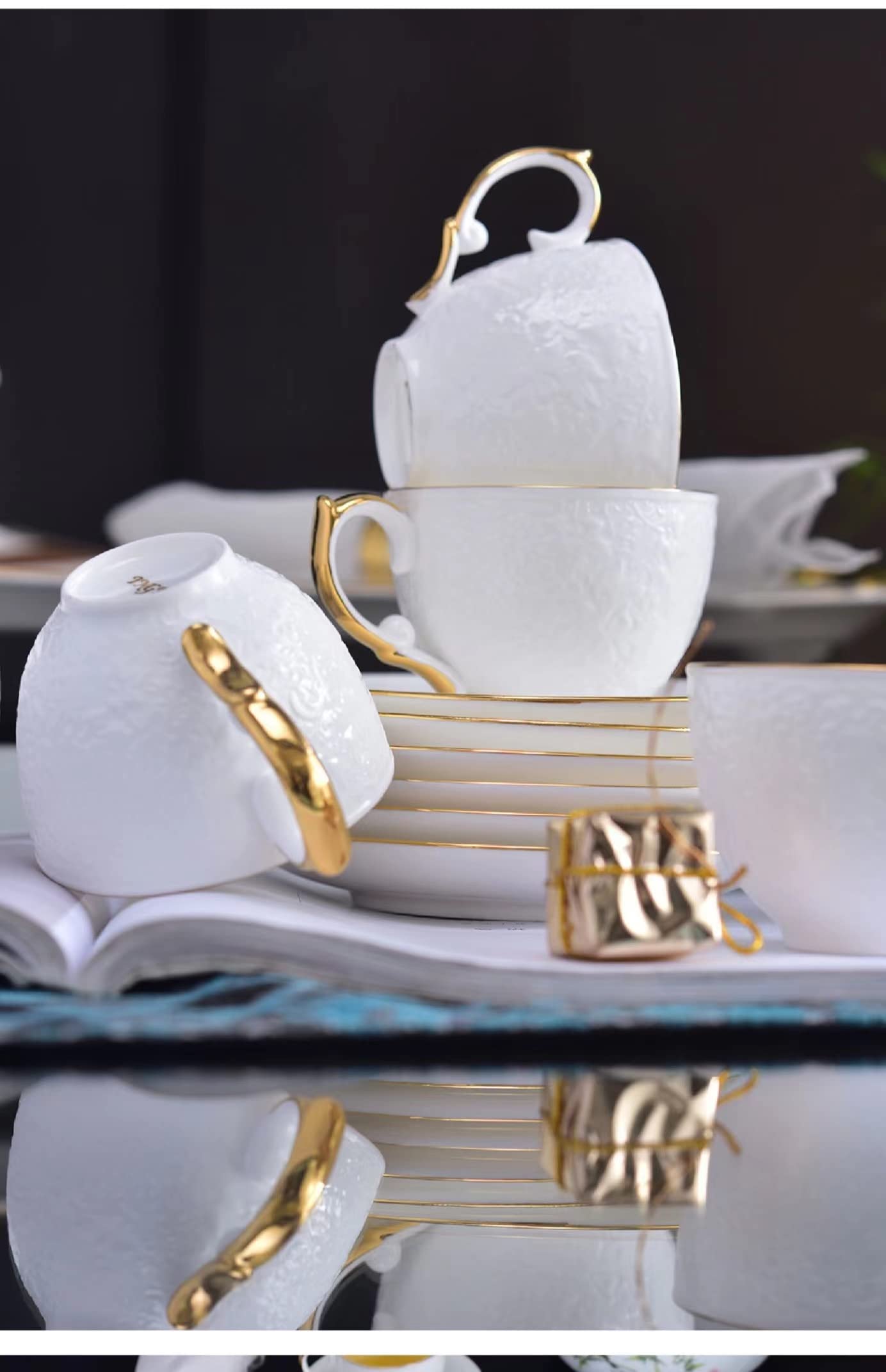Juego de taza de té y café de 192.8 g, 21 piezas, taza de té en relieve esmaltada de colores blancos con platillo a juego, porcelana fina de hueso, servicio para 6 pulgadas