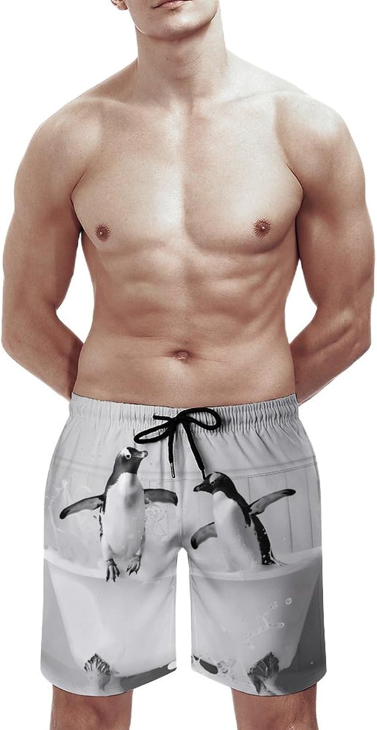 Two Penguins in Bathtub Casual Men's Swim Trunks Novelty Summer Beach Shorts Swimwear with Pocket