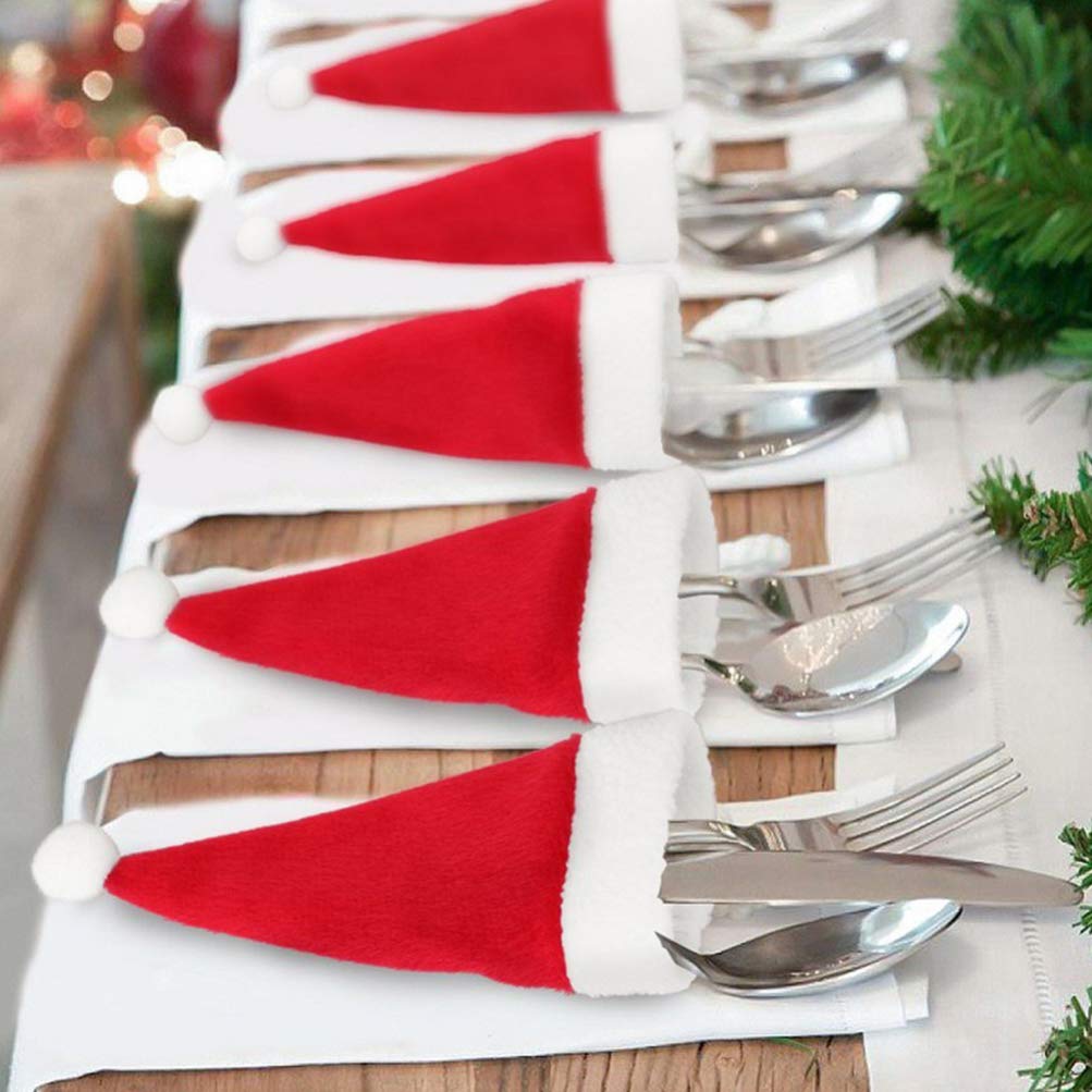 60pcs Mini Santa Claus Hat Cutlery Bags Xmas Silverware Holders Christmas Tableware Storage for Party Supplies Wine Bottle Covers Decor for Home and Restaurant - Image 2