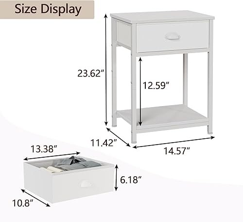 Miniatura 5 de Furologee Juego de 2 mesitas de noche blancas, mesa auxiliar con cajón de tela, escritorio blanco para computadora de 55 pulgadas con cajón y tomas
