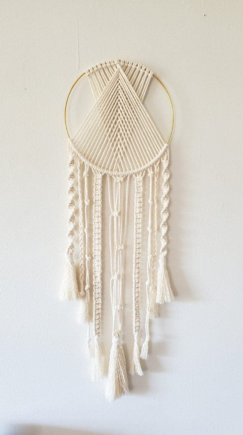 Urooz Macrame Dream Catcher with Golden Ring, (Urooz12) Macrame Dream Catcher | Cotton Rope Bohemian Vintage Style Wall Hanging Tapestry | Modern Room Home Decor | Geometric Wall Art | Gifting