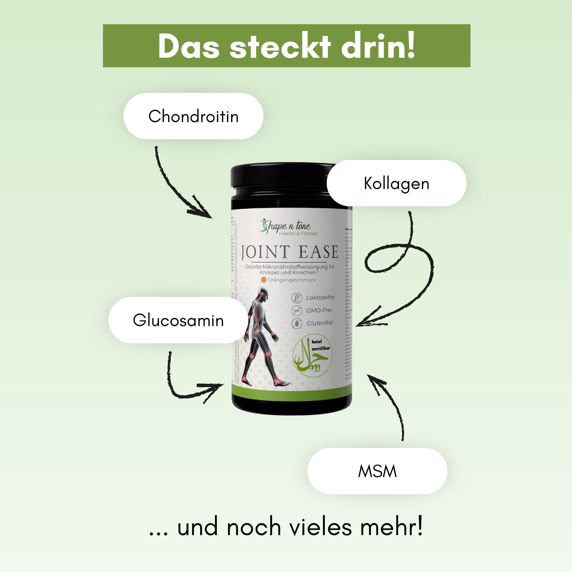 Joint Ease Gelenkpulver 525g | Hochdosierter Gelenk Komplex für Knie, Gelenke & Knorpel | 10,3g Kollagen Peptide, Glucosamin, Chondroitin, MSM, Hyaluronsäure, Kurkuma | Halal | Made in Germany
