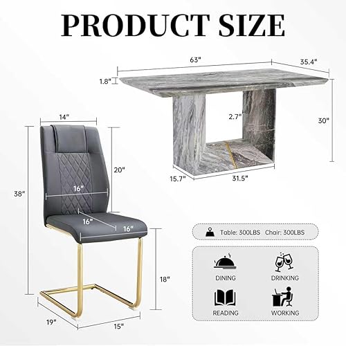 Miniatura 3 de Juego de mesa de comedor de mármol de 63 pulgadas para 6 personas, juego de mesa de comedor moderno para 6 con sillas, mesa de madera de mármol gris
