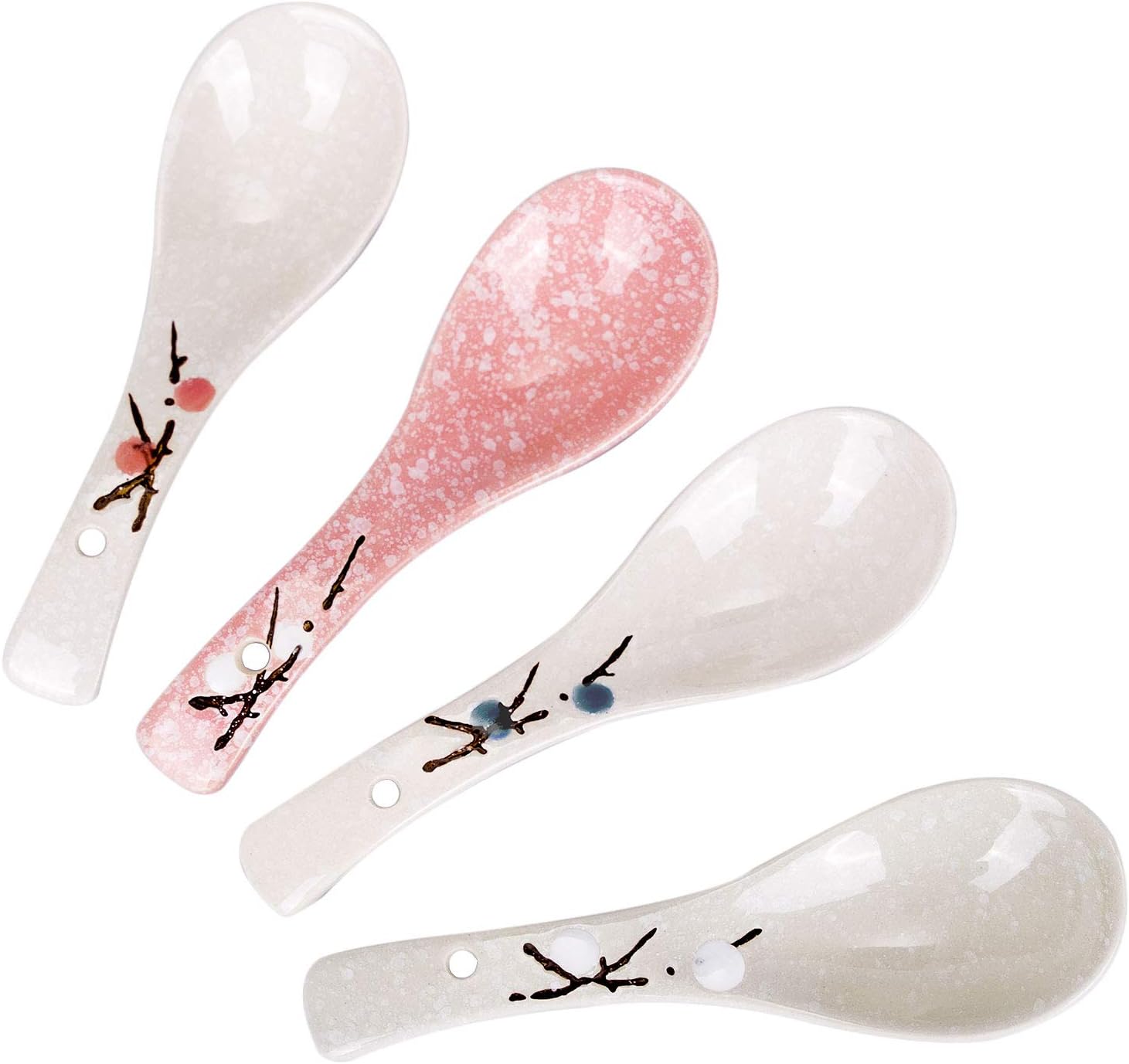VanEnjoy Set of 4 Chinese/Japanese Ceramic Soup Spoons, Pink Cherry Blossom in Snow Pattern Ceramic Spoon Suitable for Soup