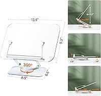 Vista 4 de BYMECOST Soporte de acrílico para lectura, soporte ajustable para libros con base giratoria de 360° y clips elásticos para páginas, soporte elevador