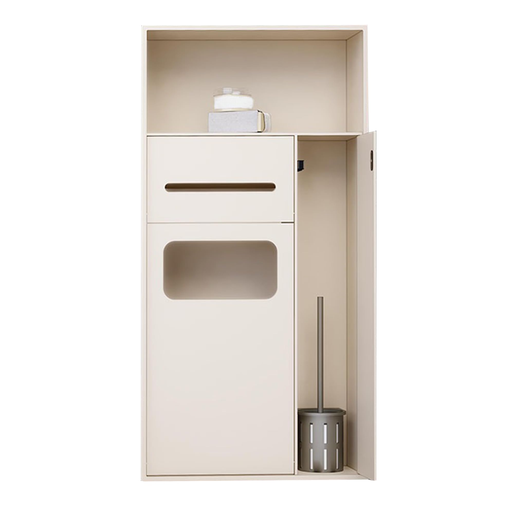 Recessed Toilet Paper Holder with Built-in Trash Can and Organizer, Wall-Mounted Hidden Tissue Dispenser for Space-Saving Bathroom Storage