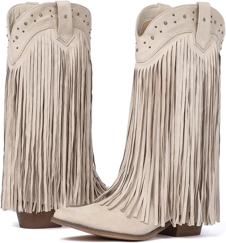 Amoji Women Western Cowboy Boots Pointed Toe Cowgirl Knee High Boots Pull On With Zipper 307