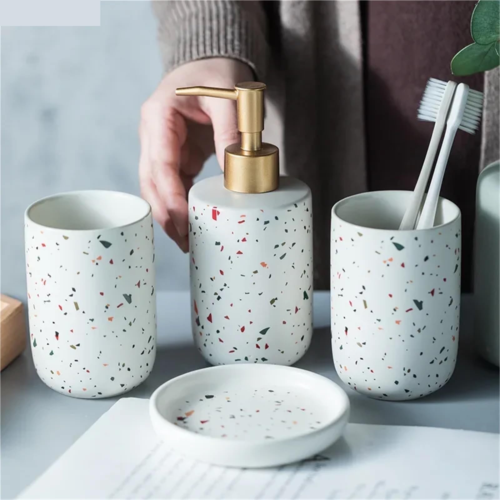 Set De BañO Juego De Decoración De Baño, Cerámica, Botella De Emulsión, Vaso for Hacer Gárgaras, Jabonera, Materiales De Arte(White set2)