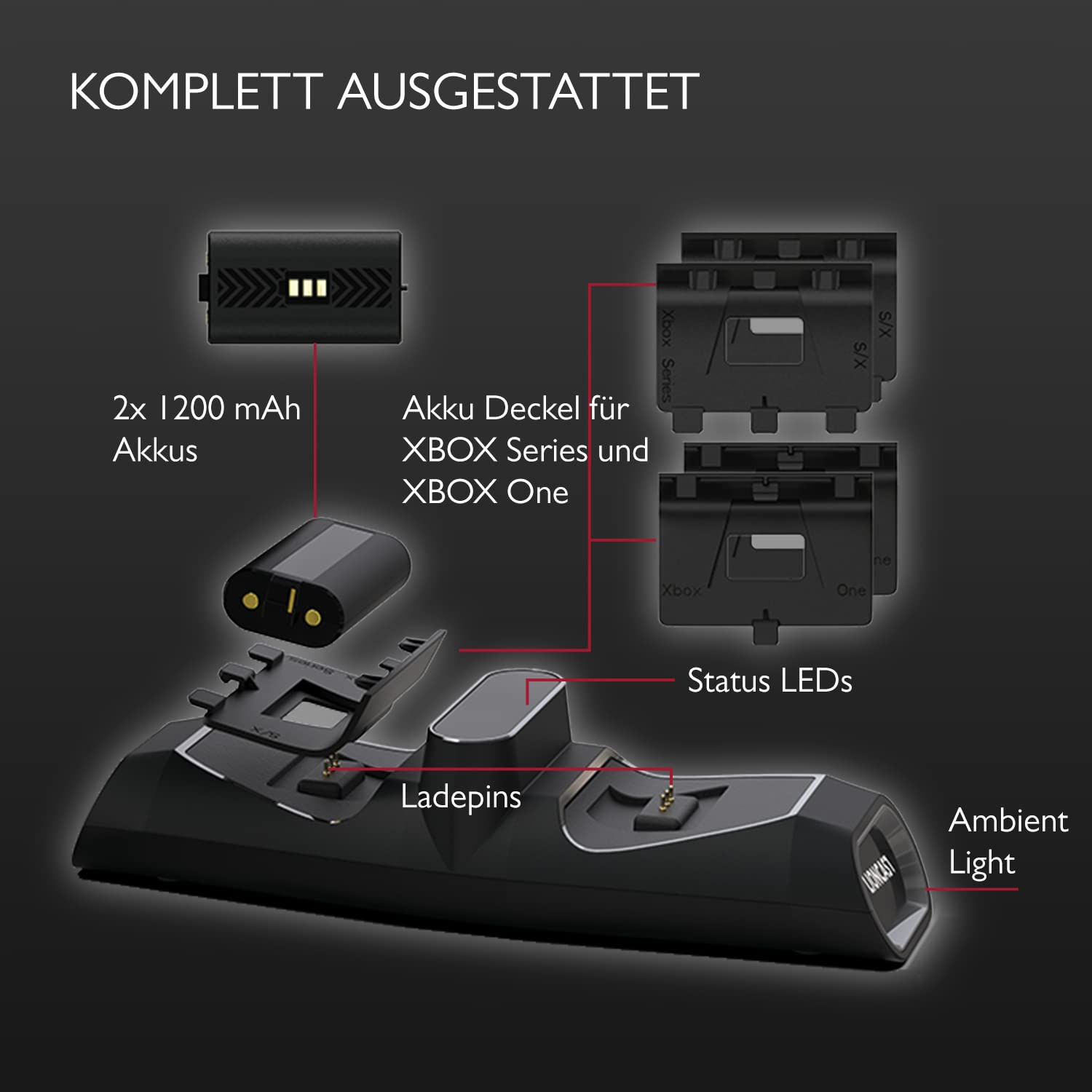 Lioncast Xbox Controller Station de Charge avec Batterie Rechargeable (1200mAh) pour Xbox One/Xbox Series X/S, Station de Charge de Batterie avec indicateur LED, Batterie de contrôleur Xbox